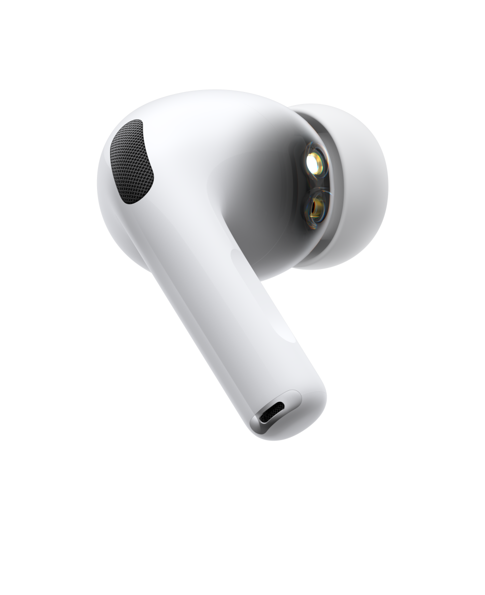 AirPods Pro 3، سماعة رأس لاسلكية، لون أبيض، الجزء الجانبي الخارجي، جذع أنبوبي قصير، ميكروفون لإلغاء الضجيج، رأس من السيليكون، موجة صوتية نابضة