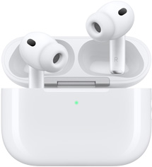 AirPods Pro 3 and MagSafe Charging Case (USB-C), rounded case exterior, LED power indicator, case lid open, white color, wireless headphones with silicone tips, stem interior features letter L and letter R
