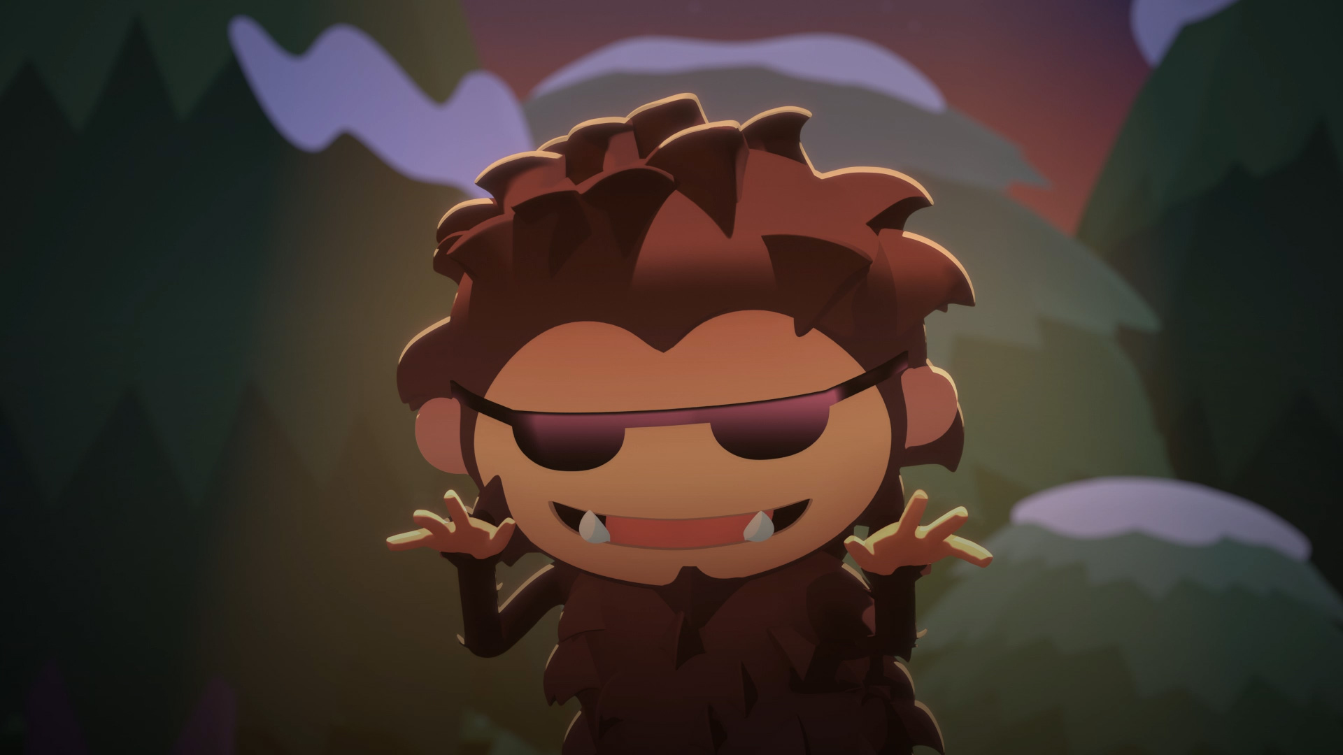 Sneaky Sasquatch trägt nachts eine Sonnenbrille und tanzt in einem verschneiten Wald.