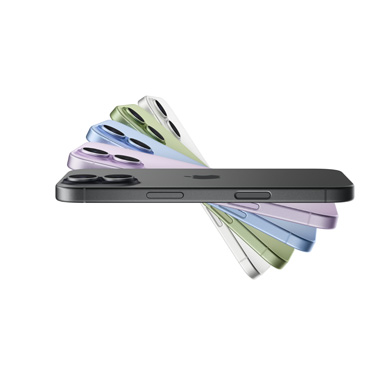 Cinco dispositivos iPhone 17 superpuestos, ubicados en forma de abanico, en negro, color lavanda, azul neblina, color salvia y blanco. Vista lateral de todos, con la parte superior visible de uno en negro en el que se ve el logo de Apple en la parte posterior del teléfono.