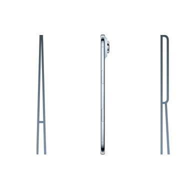 La palabra Air en letras delgadas color cromo. La I de Air es la vista lateral de un iPhone Air blanco nube. Muestra un botón y parte de una cámara que sobresale desde la parte superior derecha.