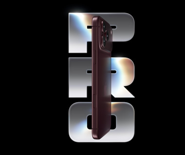 iPhone 18 Pro, angle view, behind it are bold letters 'PRO' in color metallic