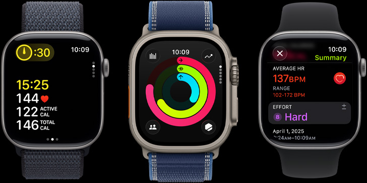 Tiga perangkat Apple Watch dengan metrik olahraga, lingkaran Aktivitas, dan informasi pasca-olahraga di layar