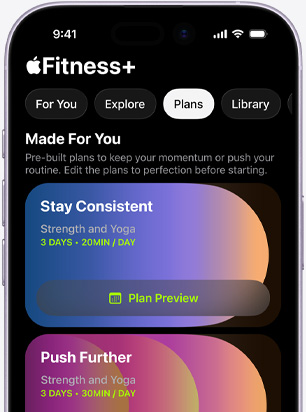 Aplikasi Apple Fitness+ di iPhone menunjukkan layar tab Rencana, yang menampilkan rencana Dibuat untuk Anda: Tetap Konsisten dan Dorong Lebih Jauh