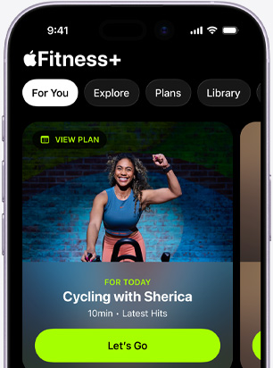 Aplikasi Apple Fitness+ di iPhone menunjukkan layar tab Untuk Anda, menunjukkan rekomendasi olahraga Bersepeda