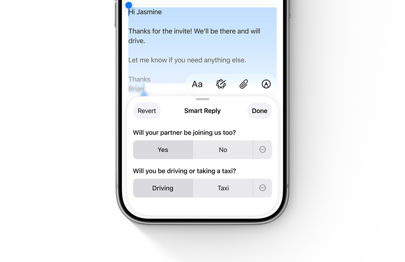 iPhone 上顯示郵件 app 中的智慧型回覆選項。
