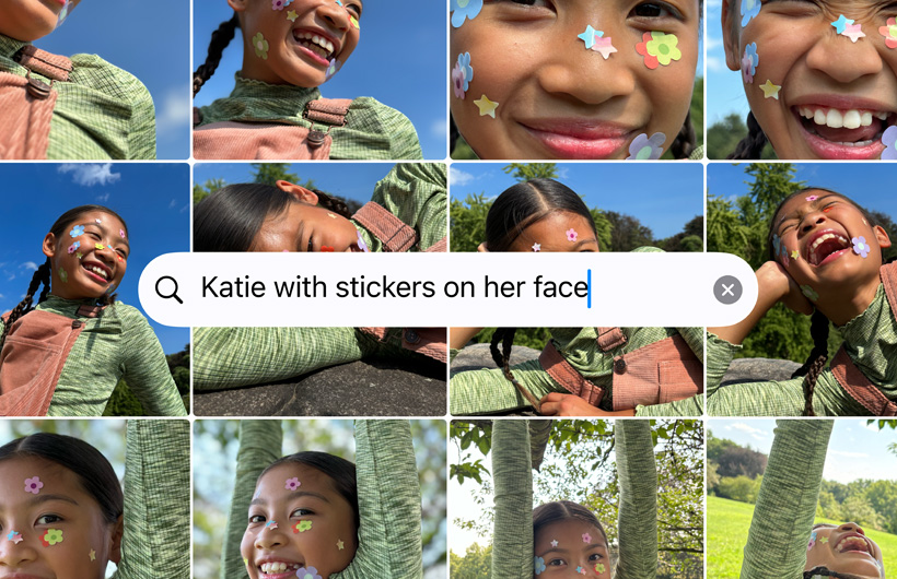 根據搜尋提示「Katie with stickers on her face」，顯示多張相片，以格狀方式排列。