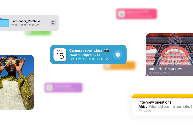圖片呈現行事曆行程、照片和備忘錄等資訊片段，展示 Siri 能取得多種資訊來源