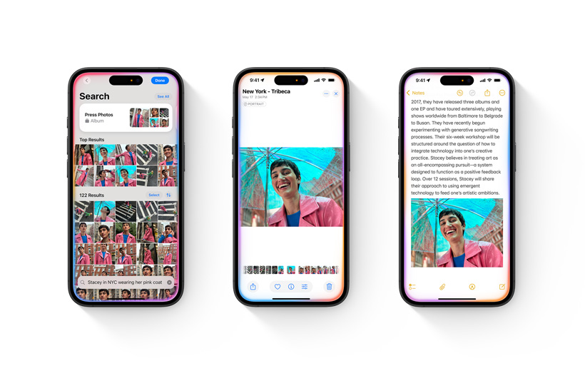 一部 iPhone 上顯示照片圖庫和搜尋描述。第二部 iPhone 打開一張從搜尋結果選出的喜好照片。第三部 iPhone 則顯示該照片已整合到備忘錄 app 的某個備忘錄中