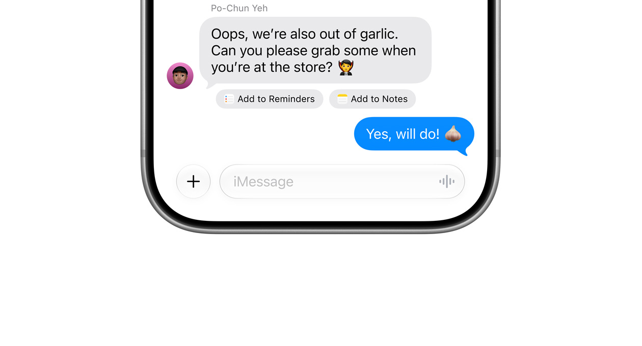 O app Mensagens mostra opções para criar um lembrete ou uma nota