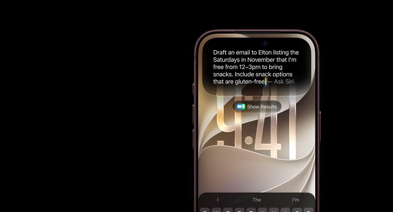 iPhone 18 Pro bordô mostrando uma solicitação à Siri para escrever um e-mail para Elton com os sábados de novembro em que estou livre das 12h às 15h para levar lanches. Inclua opções de lanches sem glúten