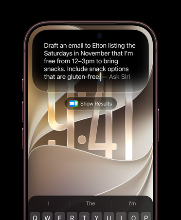 iPhone 18 Pro bordô mostrando uma solicitação à Siri para escrever um e-mail para Elton com os sábados de novembro em que estou livre das 12h às 15h para levar lanches. Inclua opções de lanches sem glúten