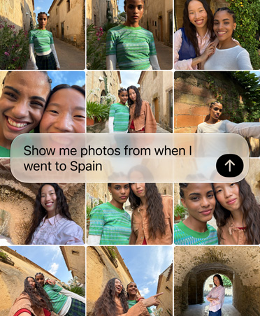 Tela mostra uma solicitação à Siri AI para recuperar fotos de férias recentes. O texto da solicitação se sobrepõe à grade de fotos