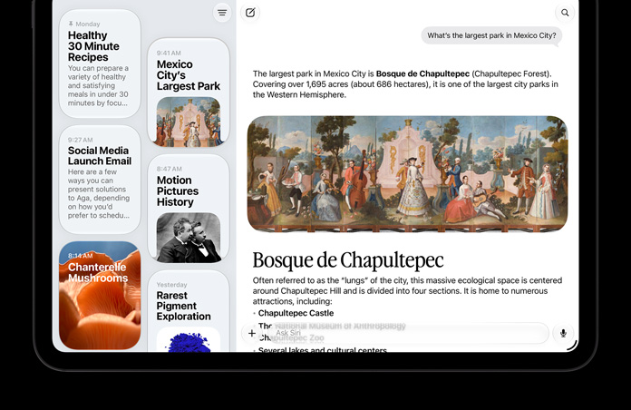 Animação da tela do iPad Pro de 11 polegadas preto-espacial. A animação começa com um zoom no ícone do app Siri antes de mostrar uma imagem da Siri AI e uma resposta em texto à solicitação. A animação termina na tela do app Siri mostrando uma conversa ativa com a Siri AI e conversas anteriores na barra lateral.