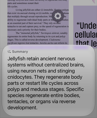Captura de tela da Busca de Imagens usada para resumir alguns parágrafos de um artigo sobre a biologia das águas-vivas
