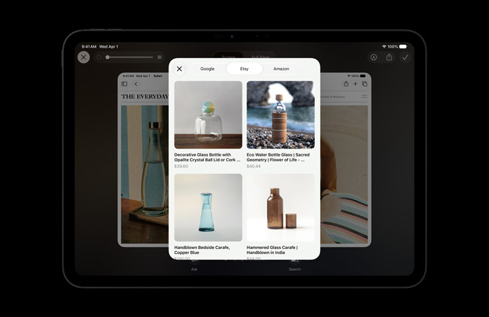 A tela do iPad Pro de 11 polegadas preto-espacial mostra imagens de produtos em resposta a uma consulta feita à Inteligência Visual sobre garrafas de vidro. Os botões Perguntar e Buscar Imagens aparecem abaixo das imagens