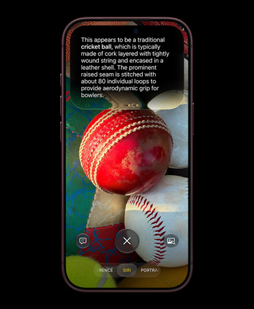 iPhone 18 Pro bordô mostrando o modo Siri no app Câmera com uma foto de bolas de críquete e uma resposta da Siri AI com informações detalhadas sobre elas
