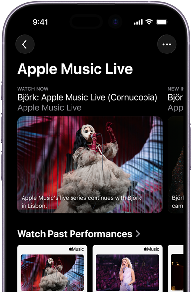 Ecrã do iPhone com o Apple Music Live a mostrar as opções Veja e atuações anteriores