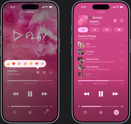 O ecrã do iPhone à esquerda apresenta a música “Sapphire“ de Ed Sheeran com uma faixa de emojis de reação com as opções de polegar para cima, coração, celebrar, polegar para baixo ou adicionar outra reação. O ecrã do iPhone à direita mostra uma playlist colaborativa intitulada Havai Playlist com várias músicas adicionadas por outros colaboradores da playlist