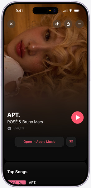 Ecrã do iPhone com a música “APT“ de ROSÉ e Bruno Mars, a indicar que o Shazam identificou a canção
