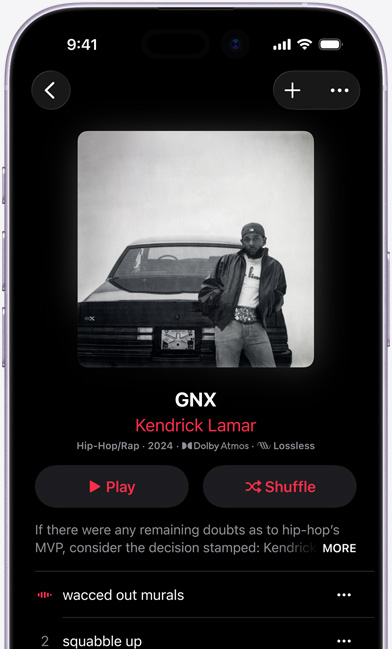 Ecrã do iPhone a mostrar o álbum “GNX” de Kendrick Lamar na Apple Music