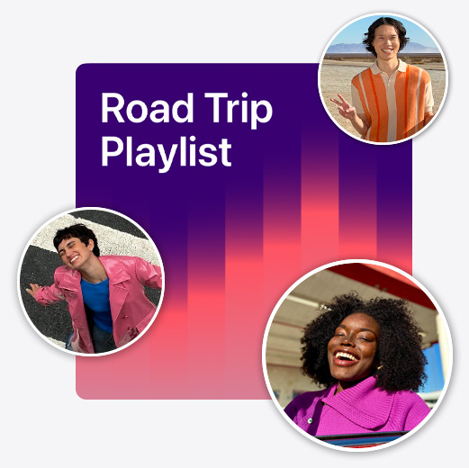 Capa de uma playlist colaborativa intitulada Viagem de carro rodeada de memojis