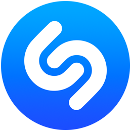 Logótipo Shazam circular azul e branco, rodeado por círculos concêntricos que se afastam do logótipo
