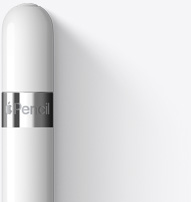 Vista da tampa arredondada do Apple Pencil de 1.ª geração que inclui um anel prateado com o nome do produto.