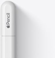 Näkyvillä Apple Pencil USB-C:n pyöristetty pää, Apple-logo ja sana Pencil. Päässä näkyy kohta, josta tulppa voidaan irrottaa USB-C-johtoon liittämistä varten