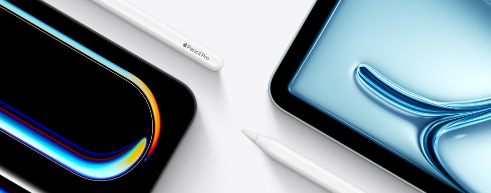 iPad Pron oikea yläkulma, vieressä Apple Pencil Pron yläosa. Oikealla näkyy iPad Airin vasen yläkulma, jonka alapuolella on Apple Pencil USB-C:n kärki.
