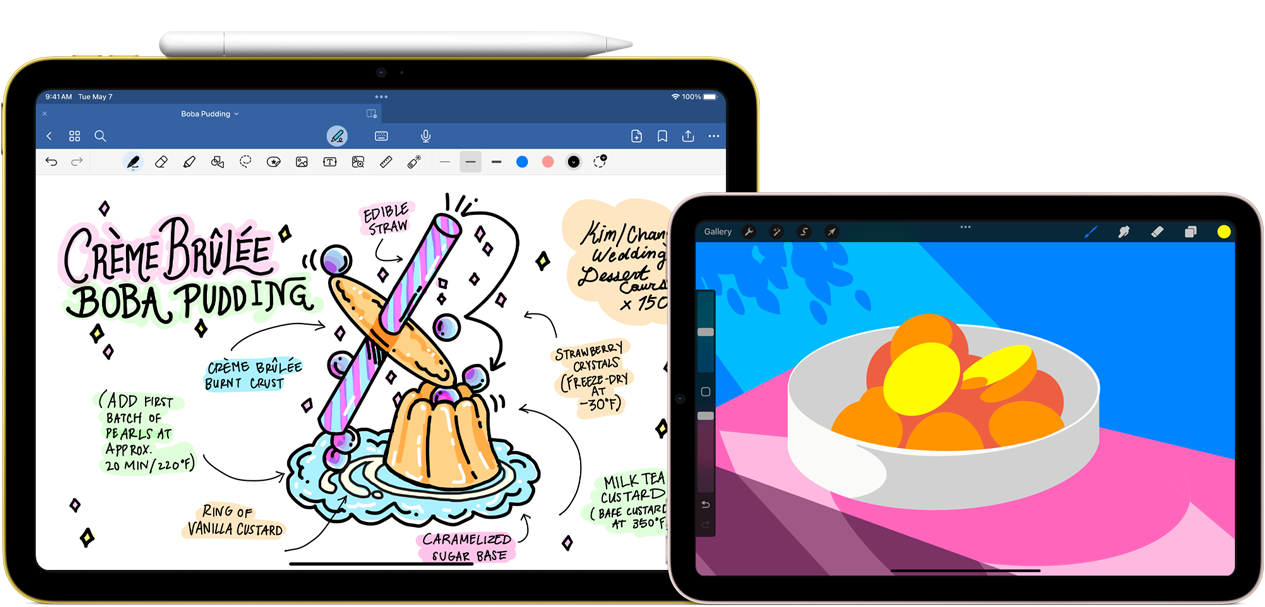 À esquerda, iPad de 10.ª geração na horizontal a mostrar uma imagem gráfica com um desenho e notas, e o Apple Pencil (USB-C) encaixado na parte superior. À direita, iPad mini na horizontal a mostrar uma ilustração colorida feita com o ProCreate.