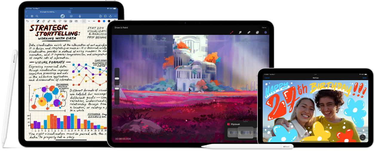 動畫展示在 Apple Pencil Pro 和 Apple Pencil USB-C 旁邊，放著多部 iPad，iPad 的螢幕展示以 Apple Pencil 創作的手寫筆記，還有色彩繽紛的繪圖。