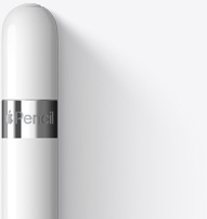 圖片展示 Apple Pencil (第 1 代) 頂部的圓弧狀頂端，環繞筆身的銀環標有產品名稱。