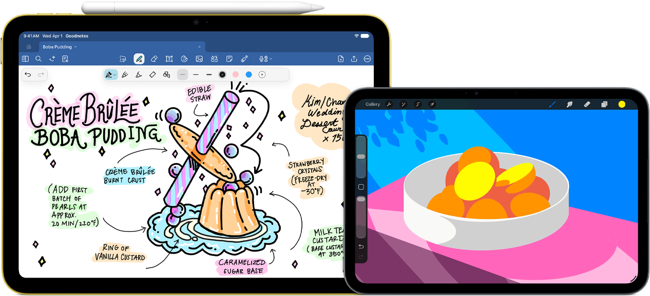 Diferentes modelos de iPad e o Apple Pencil (USB-C)