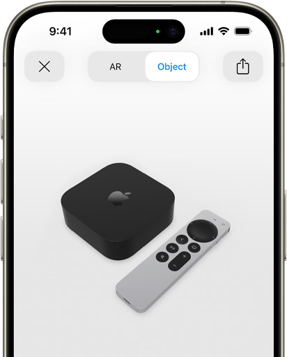 Gambar menunjukkan Apple TV 4K dalam Augmented Reality pada layar iPhone.