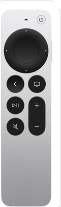 Siri Remote, front exterior, silver aluminum finish, clickpad and buttons