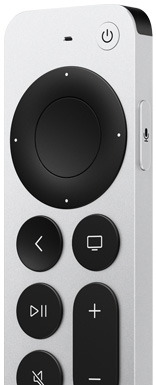 Siri Remote, silver colour aluminum casing, slim profile. Front exterior: microphone at top center, power button at top right, circular touch-enabled click-pad, raised control buttons arranged vertically in two columns; back button, pause and play button, mute button, home button and volume up and down button. Top exterior: IR transmitter. Right side: raised Siri button at top, flat exterior rounded corners