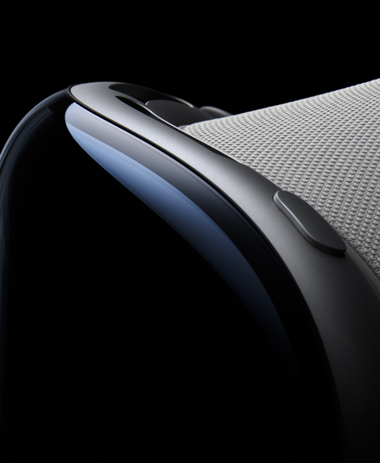 Apple Vision Pro close up showing the front, top button, and Light Seal
