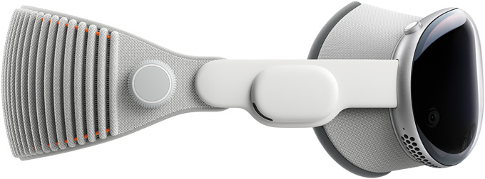 Side of Apple Vision Pro attached to both the Light Seal and adjustable Knit Band.
