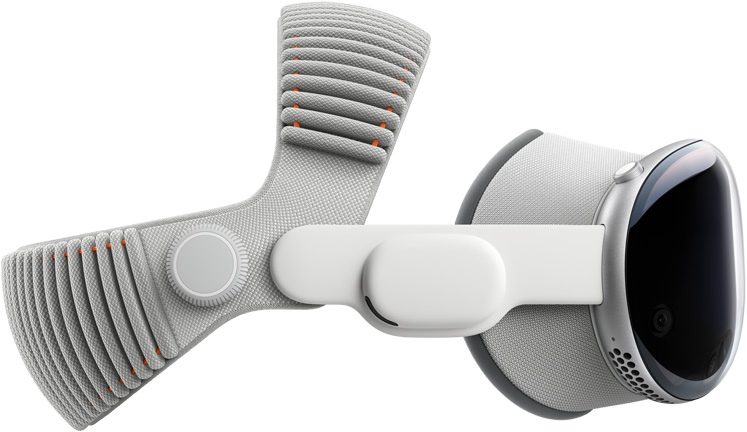 صورة جانبية لجهاز Apple Vision Pro متصل بكل من حاجب الضوء والحزام المغزول القابل للتعديل.