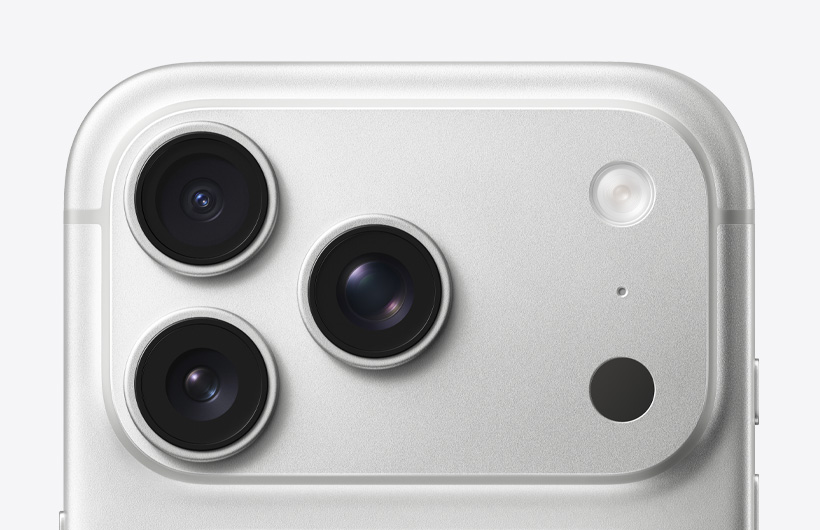 iPhone 17 Pro, argent, face arrière, système caméra pro, trois objectifs, micro, flash