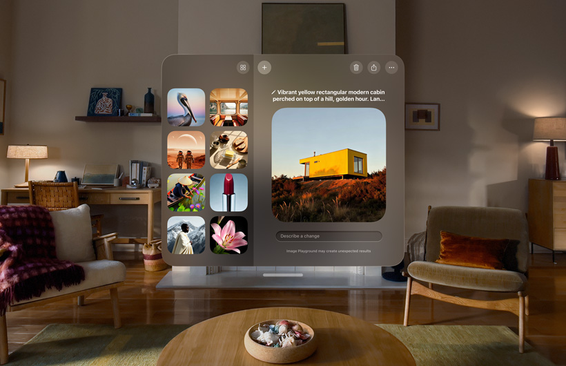 Apple Vision Pro Image Playground screen floating in room showing a Genmoji face