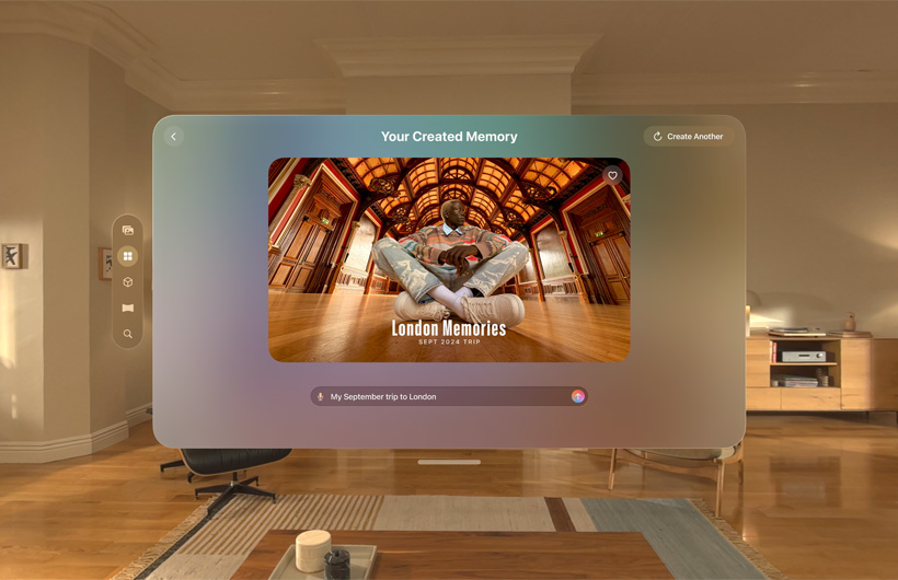 A person in a photograph sitting on the floor in a light-filled, wood-panelled room, the words ‘London Memories September 2024 trip’ shown over the photograph. Interface of the memory movie experience in the Photos app of Apple Vision Pro around the photograph and words.