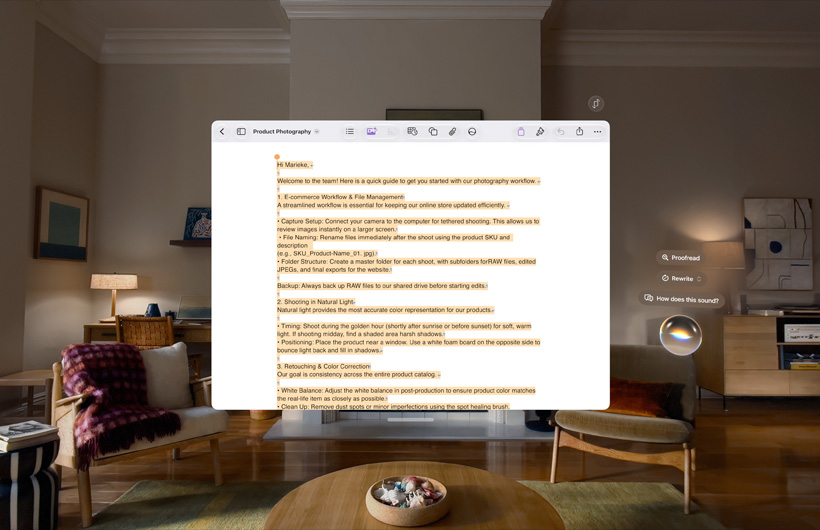 An email being written in the Mail app of Apple Vision Pro with Apple Intelligence Writing Tools being used to examine email language