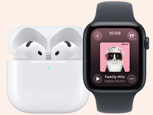 AirPods ved siden av en Apple Watch.