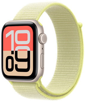 Apple Watch SE 3, Aluminiumgehäuse, Farbe Polarstern, Wandel Zifferblatt, rechte Seitenansicht, Digital Crown, Mikrofon, Seitentaste, Sport Loop Neongelb, Verschluss mit Zuglasche
