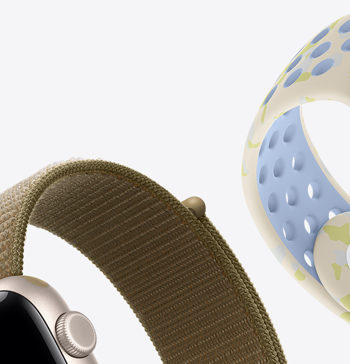 Apple Watch SE 3, aluminum case, starlight color, Sport Loop band, olive color (earthy green), Nike Sport Band, chalk calm color, (cream color outward-facing, pale blue skin side, subtle pattern of yellow-green shapes)