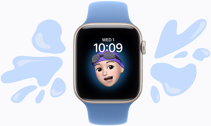Apple Watch SE 3, aluminum case, starlight color, Memoji watch face, illustrated water splashes off water-resistant device, Sport Band, wildflower blue color