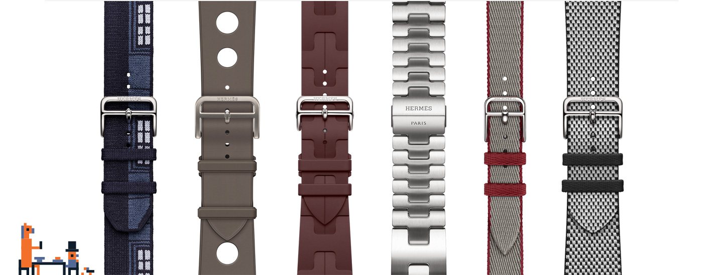 Pixel art of a person and horse siting at a table, Hermès straps: bleu nuit Faubourg Party, gris titane Scub’H Diving, bordeaux Kilim Single Tour, satiné Grand H, gris meyer/rouge grenat Twill Jump Attelage Single Tour, noir/ècru Toile H Single Tour