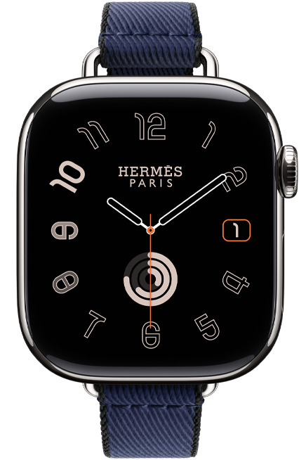 Apple Watch Hermès Series 11, titanium case, silver colour, Radial watch face, Twill Jump Attelage Single Tour strap, navy/noir colour
